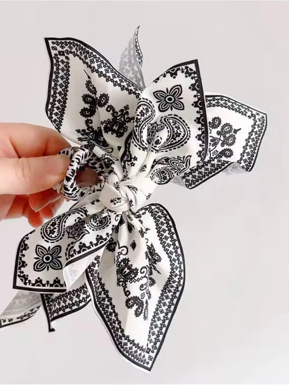 Vintage Elegant Black & White Paisley Bow Hair Scarf